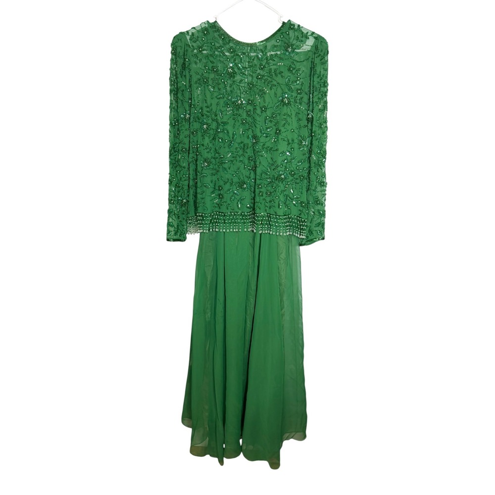 Jack Bryan 16 Green 2 Piece Gown Beaded Sequin Fringe Formal Evening Dress